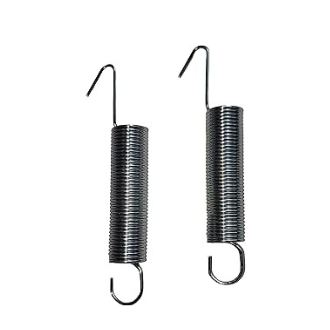 Two tightly coiled metal tension springs with hooks at both ends, shown vertically on a white background—perfect as Nova Replacement Parts for ZOOM & GetGo Rollators.